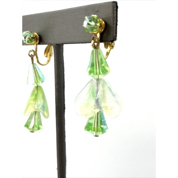 Vintage Uranium Glass Earrings Green Glowy Dangle Clip-on Earrings - Picture 7 of 9